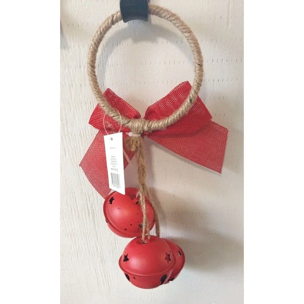 Farmhouse Holiday Door Hanger Doorknob Metal Jingle Bells Bow Jute 12” L